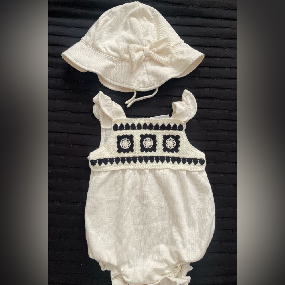 Cream and Black Crochet Baby Matching Set with Sun Hat